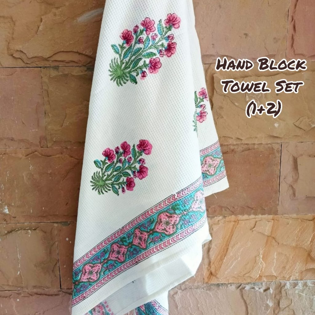 Brand New Handblock Floral Print Towel Set Organic Cotton Bath Towel